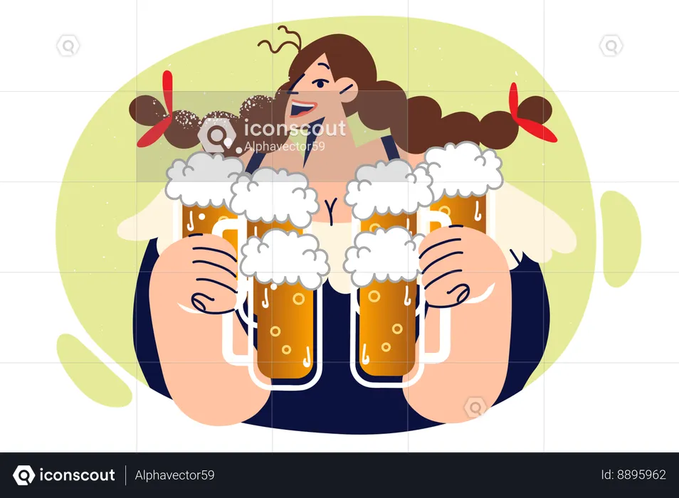 Woman waiter carries mugs filled with foaming beer  Illustration