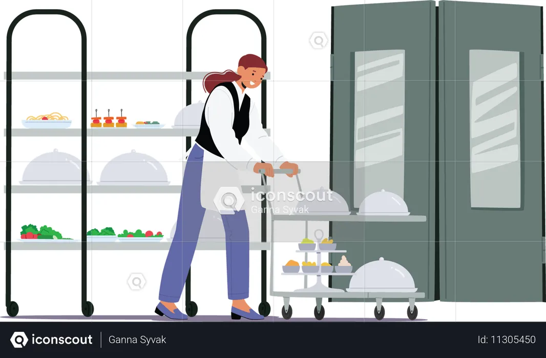 Woman waitress in uniform pushing trolley cart with freshly cooked served dishes  Illustration