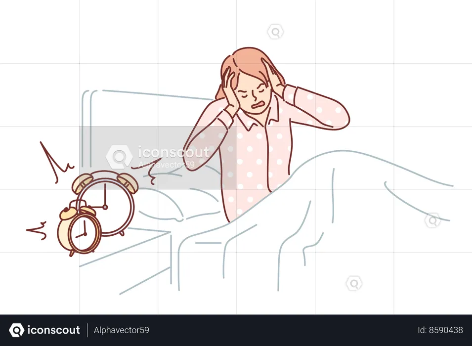 Woman wakes up with the sound of alarm clock  Illustration