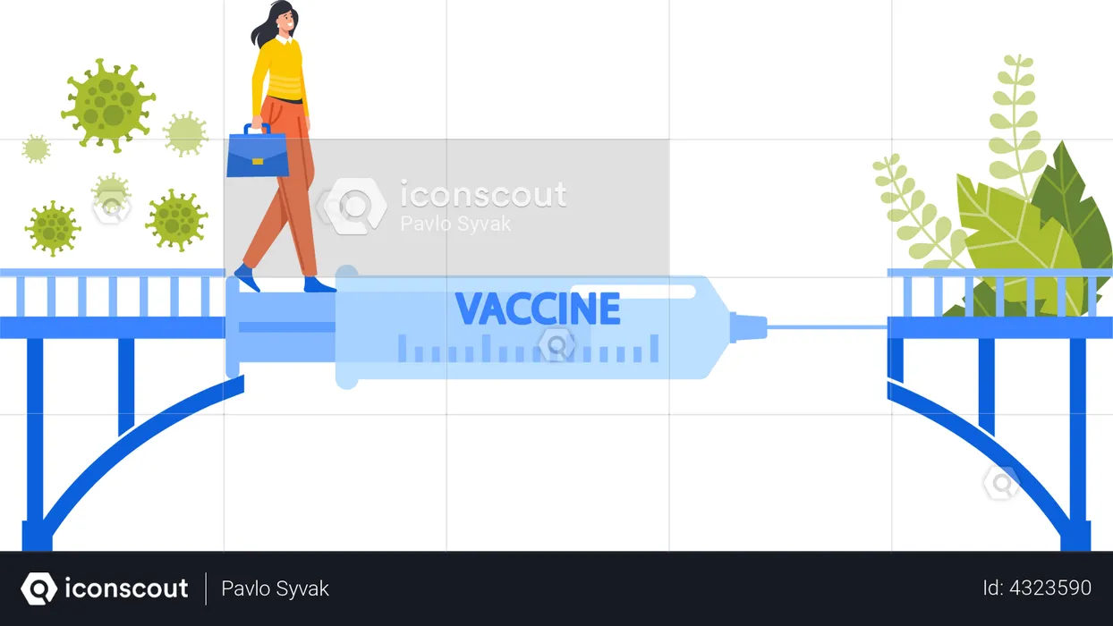 Woman Walk on Bridge with Covid Vaccine Solution  Illustration