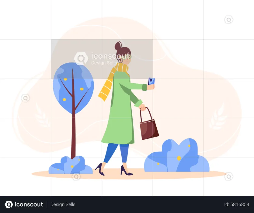 Woman walk while using phone during winter  Illustration