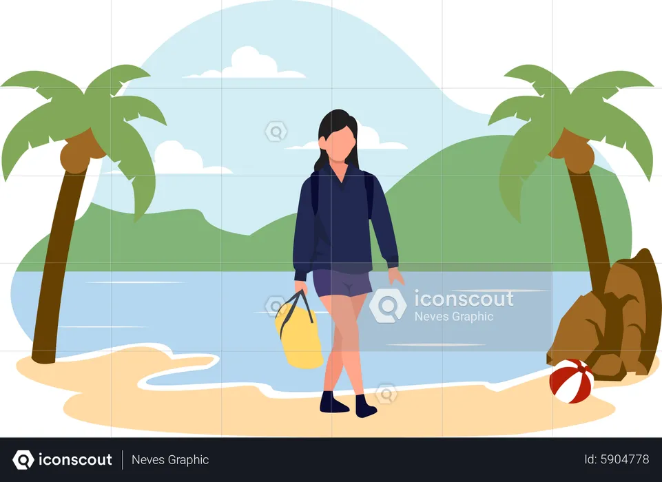 Woman walking at beach  Illustration