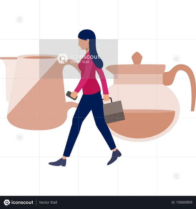 Woman walking beside tea kittle  Illustration