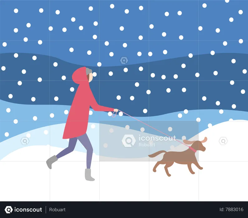 Woman Walking Dog in Snowfall Wintertime  Illustration