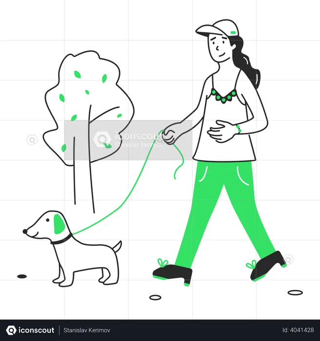 Woman walking her dog in the park  Illustration