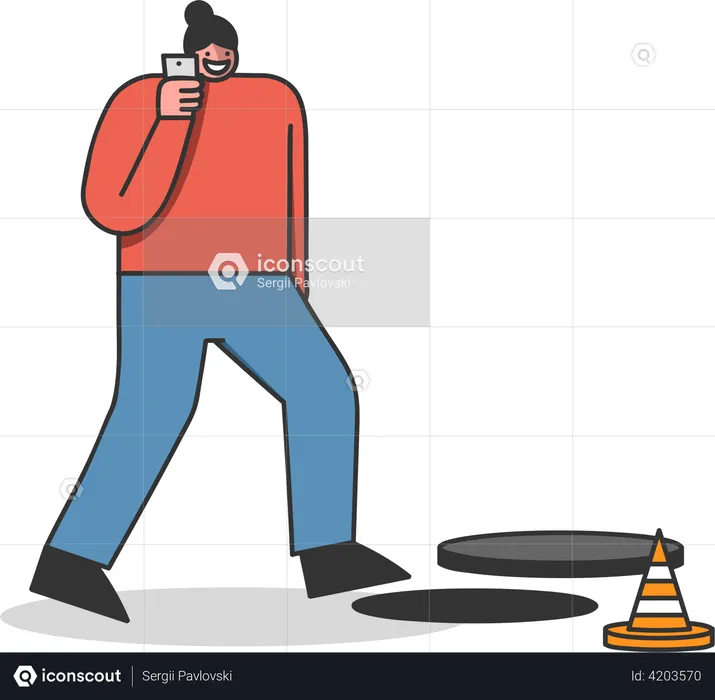 Woman walking in open manhole while talking on mobile phone  Illustration