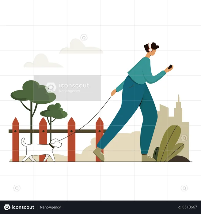 Woman walking in park with her dog  Illustration
