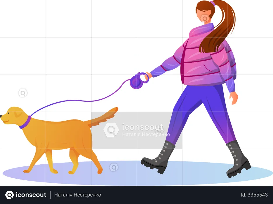 Woman walking in winter with her pet  Illustration