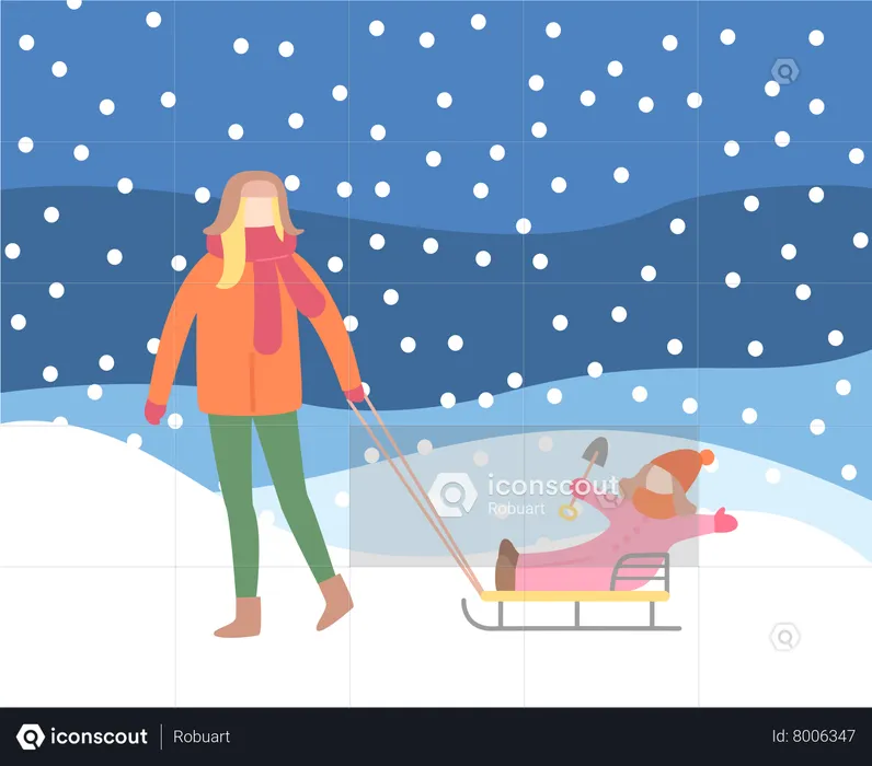 Woman Walking Outdoor on Snowing Hills  Illustration
