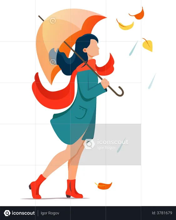 Woman walking while holding umbrella  Illustration