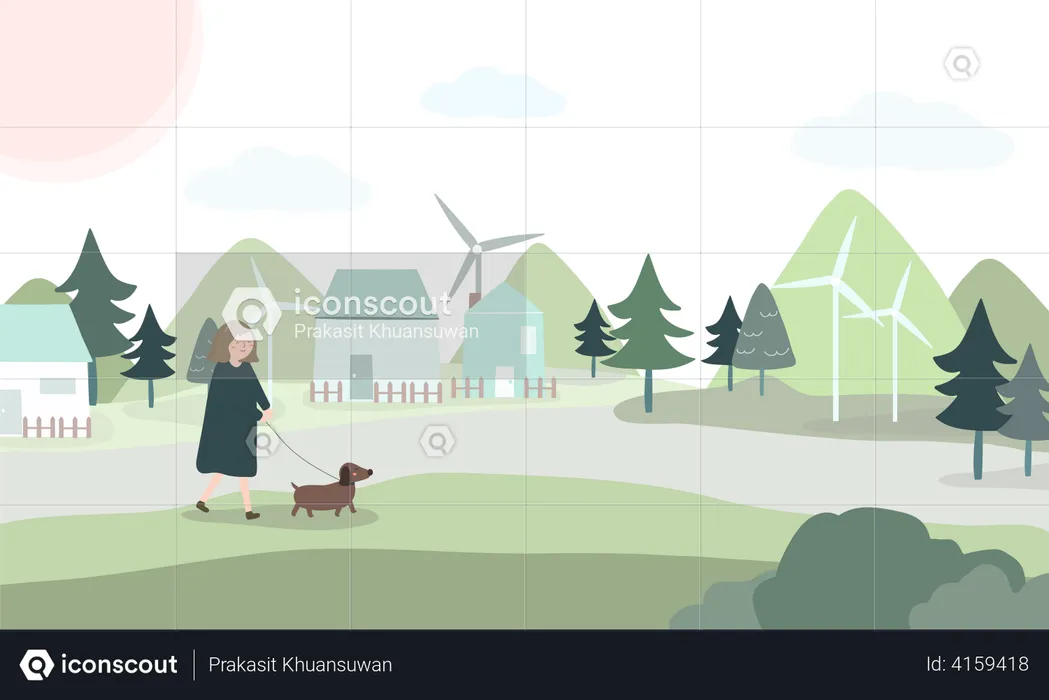 Woman walking with a dog  Illustration