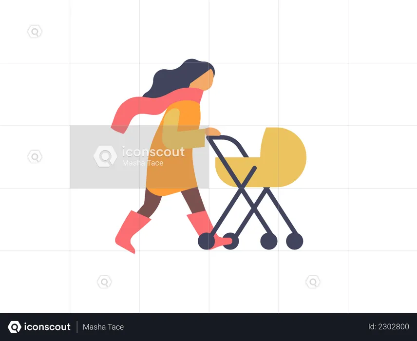 Woman walking with baby stroller  Illustration