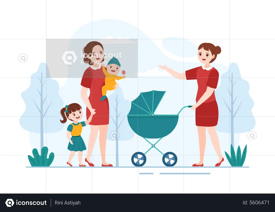 Woman walking with baby stroller  Illustration