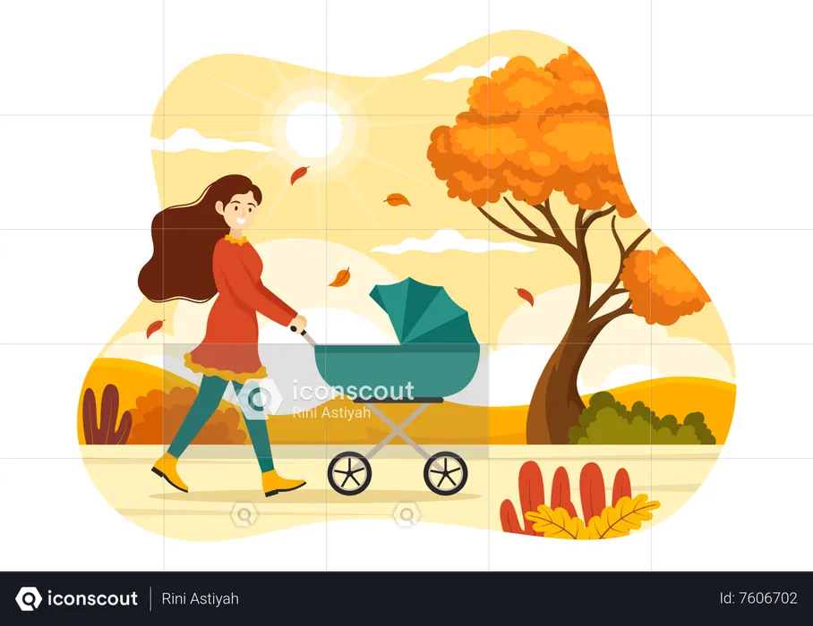 Woman walking with baby stroller in Autumn park  Illustration
