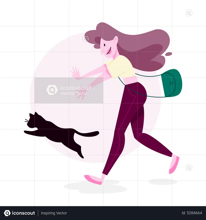 Woman walking with cat  Illustration
