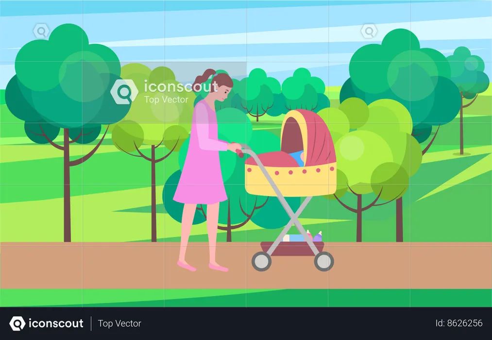 Woman walking with child sleeping in stroller  Illustration