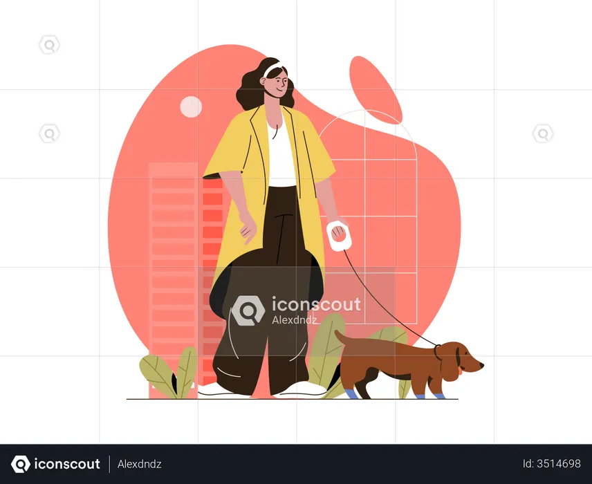 Woman walking with dog  Illustration