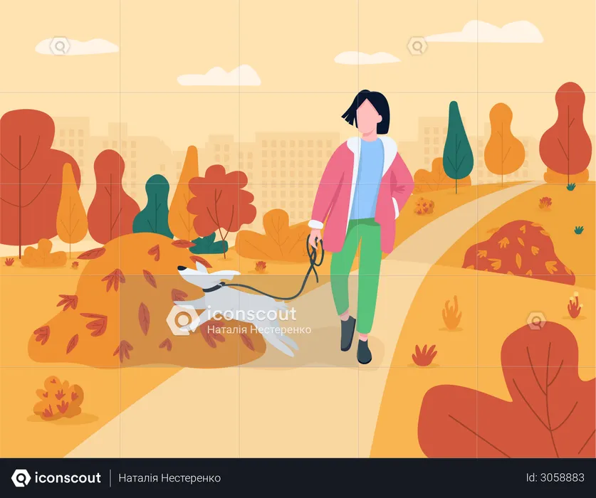 Woman walking with dog in autumn season  Illustration