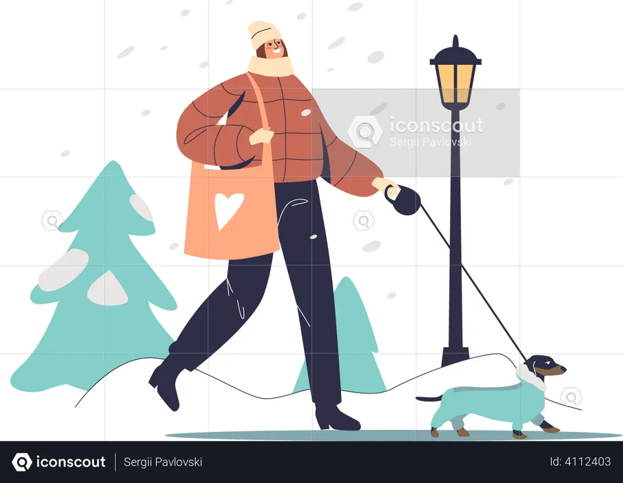 Woman walking with dog in warm coat in winter park  Illustration