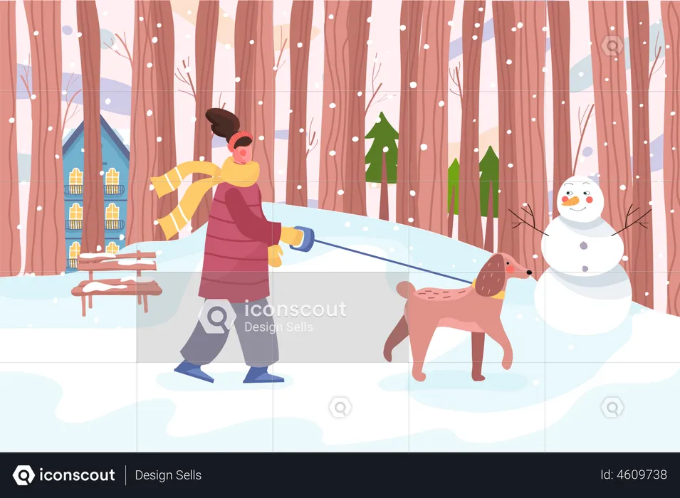 Woman walking with dog on leash  Illustration