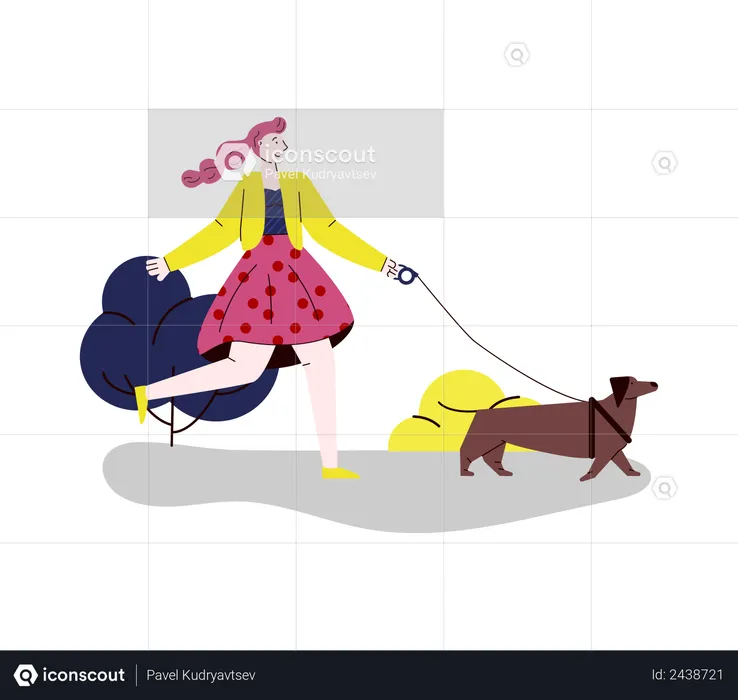 Woman walking with her dog  Illustration