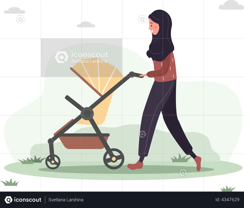 Woman walking with her newborn child in an pram  Illustration