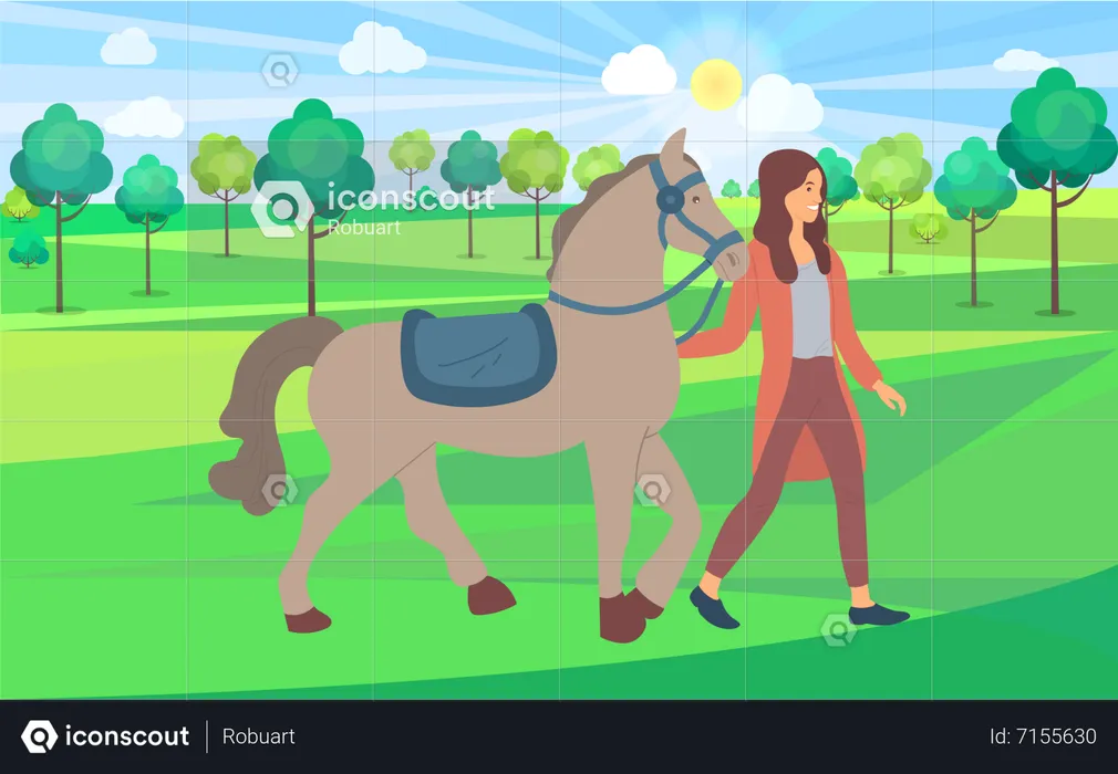 Woman Walking With Horse  Illustration