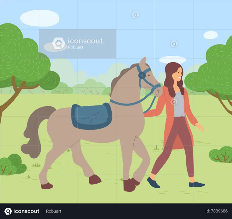 Woman walking with horse in park  Illustration