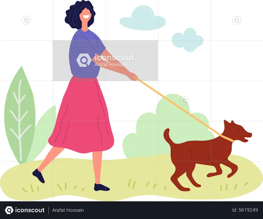 Woman Walking With Pet  Illustration