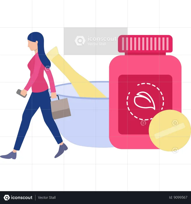 Woman walking with pills bottle  Illustration