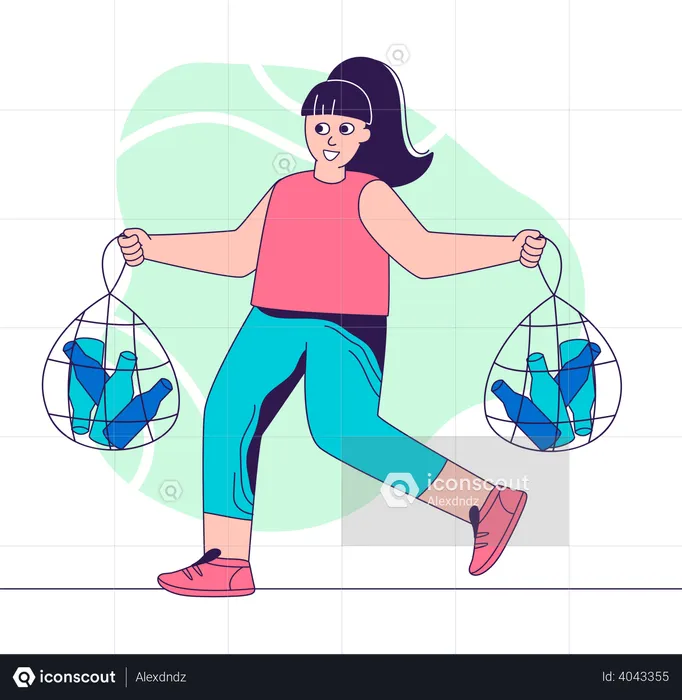 Woman walking with plastic bottles  Illustration