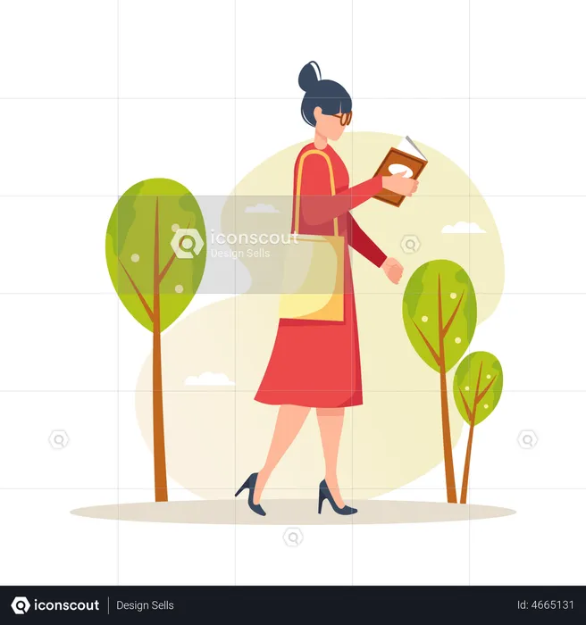 Woman walking with read book  Illustration
