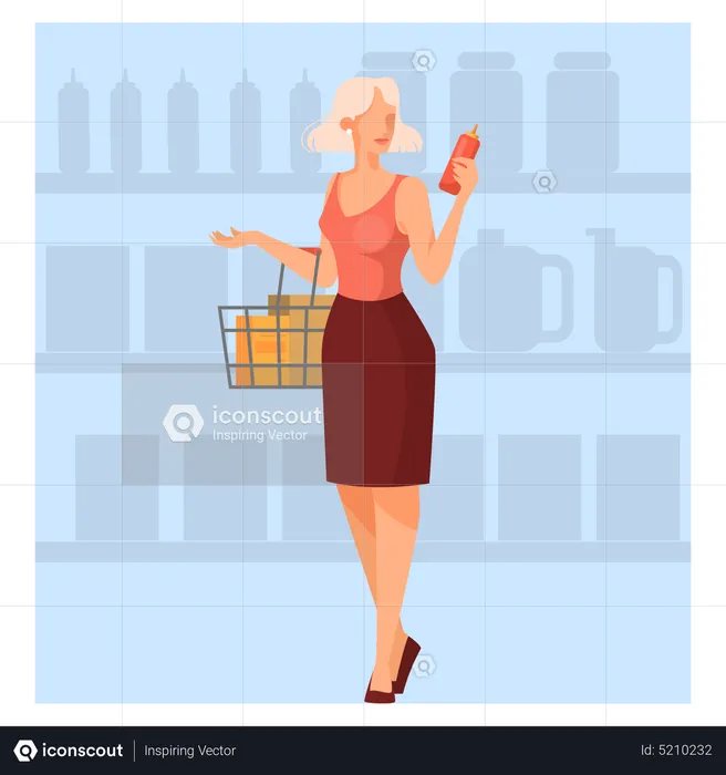 Woman walking with shopping basket in supermarket  Illustration