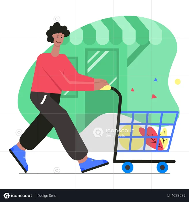Woman walking with shopping cart  Illustration
