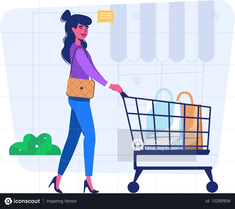 Woman walking with shopping trolley at mall  Illustration