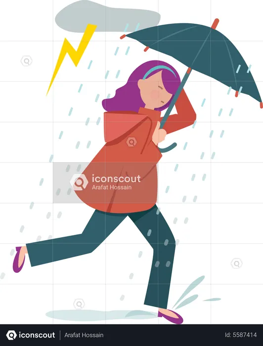 Woman walking with umbrella in rain  Illustration