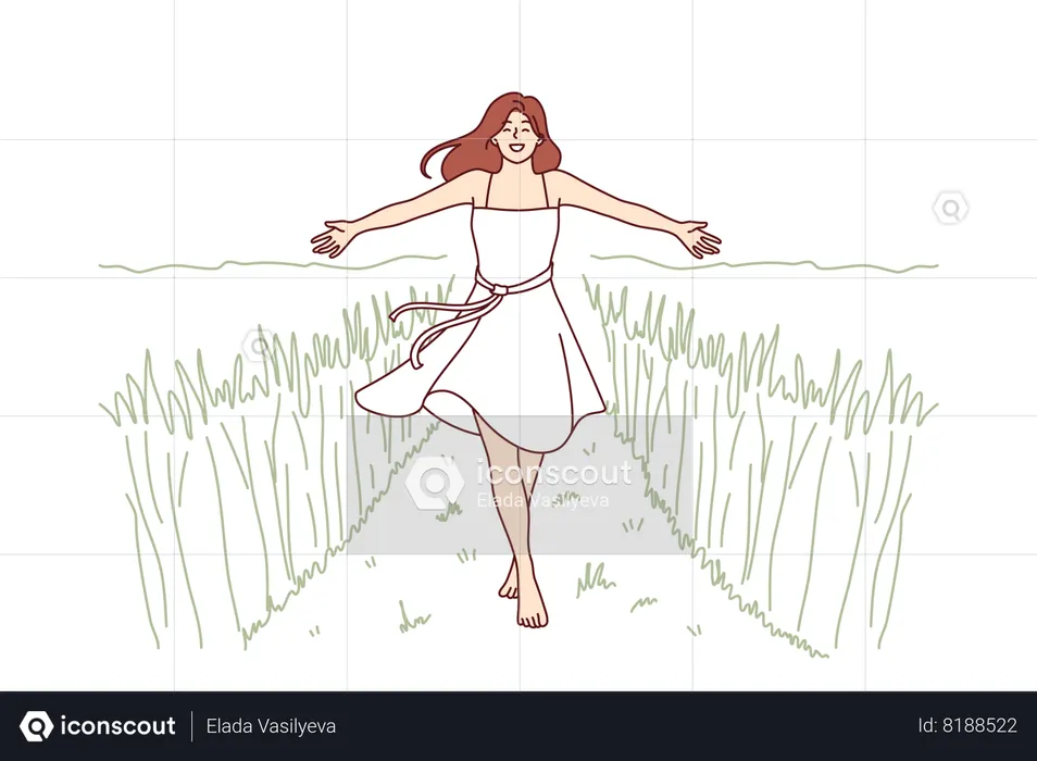 Woman walks along path among tall grass enjoying beautiful nature in farming area  Illustration