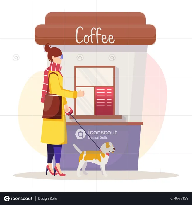 Woman walks with dog and drinks coffee in paper cup and throws it bin  Illustration