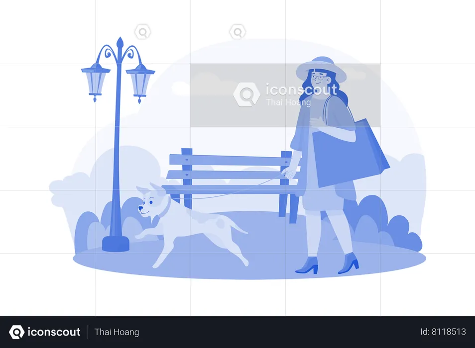 Woman walks with her dog in park  Illustration