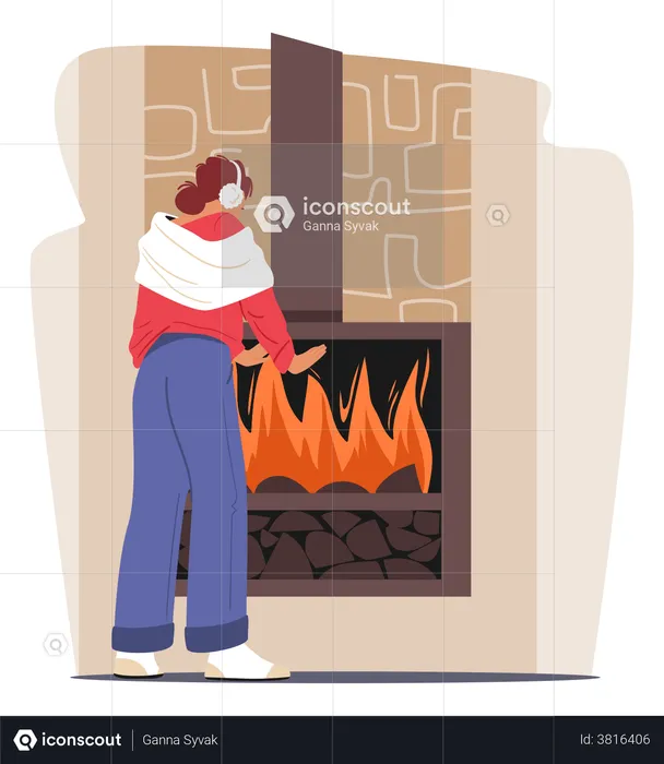 Woman Warming Hand At Fireplace  Illustration