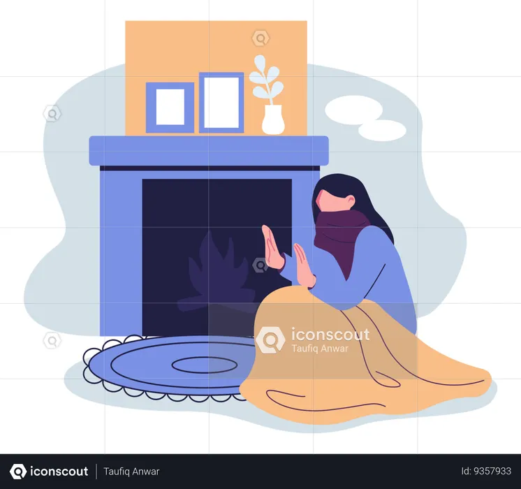 Woman warming herself near bonfire  Illustration