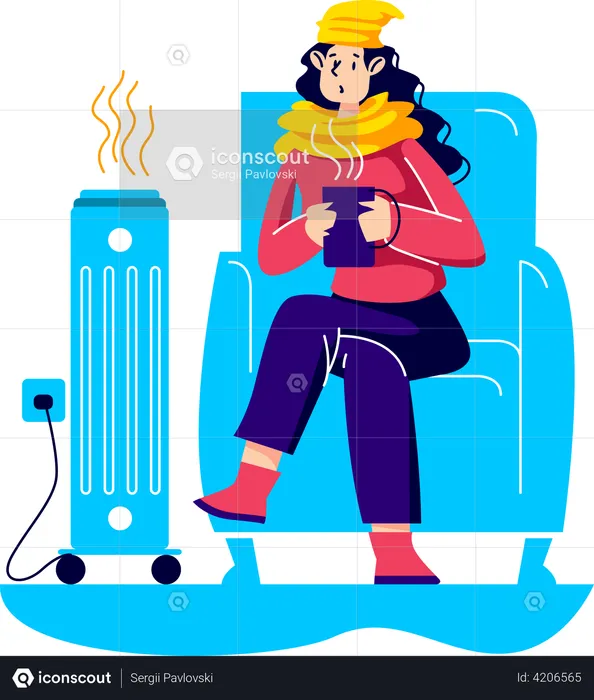 Woman warming near heater  Illustration