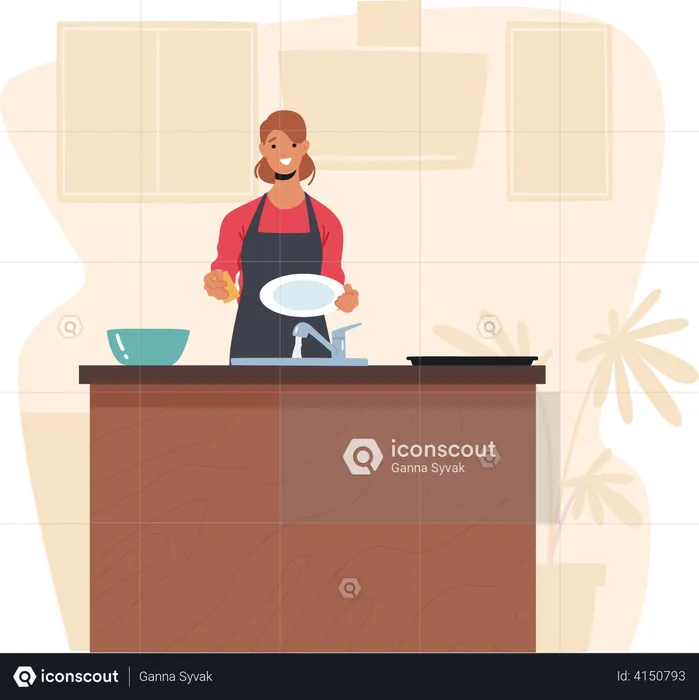 Woman washing dishes at the sink  Illustration