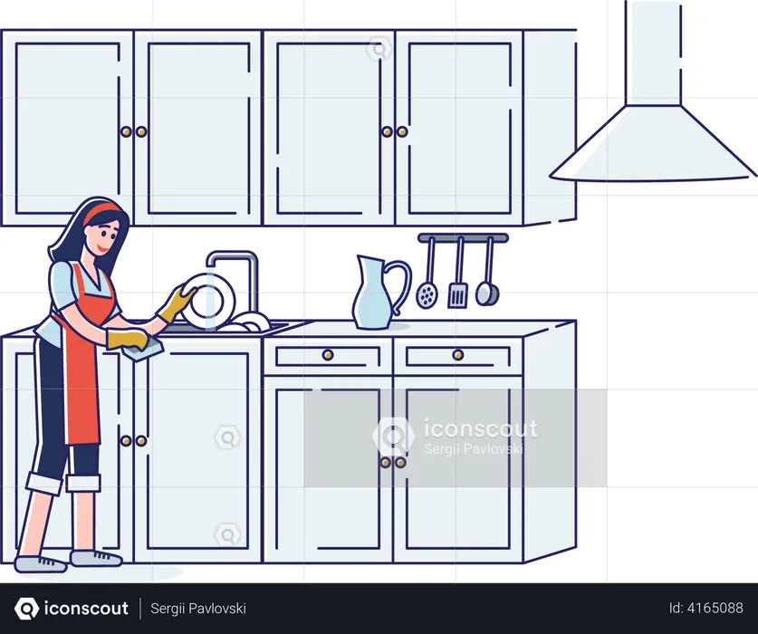 Woman washing dishes in the sink  Illustration