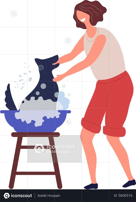 Woman washing dog  Illustration