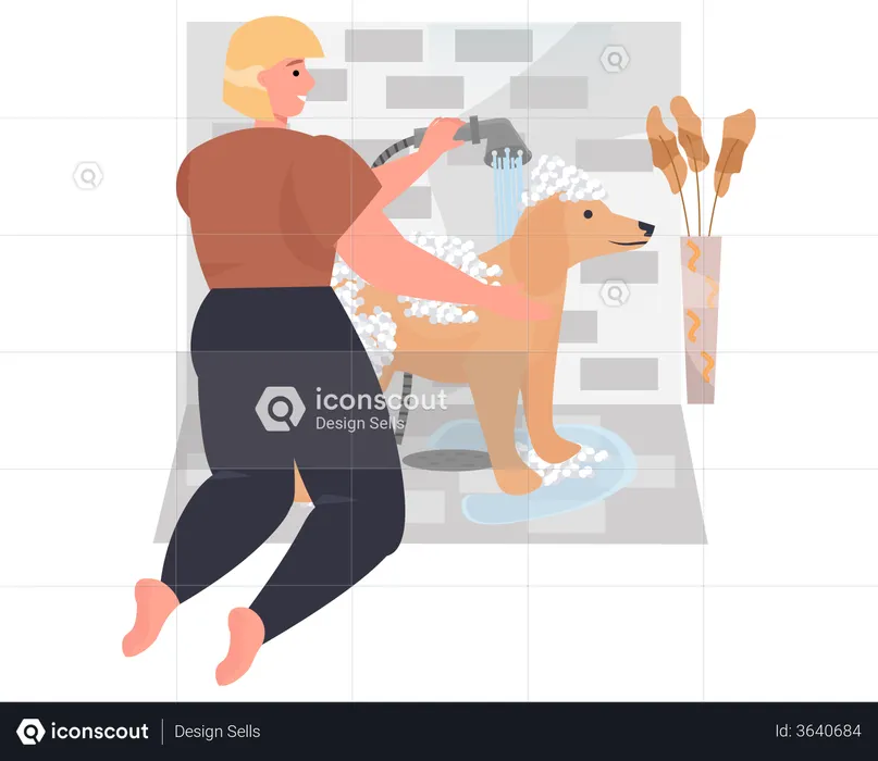 Woman washing his dog in bathroom  Illustration