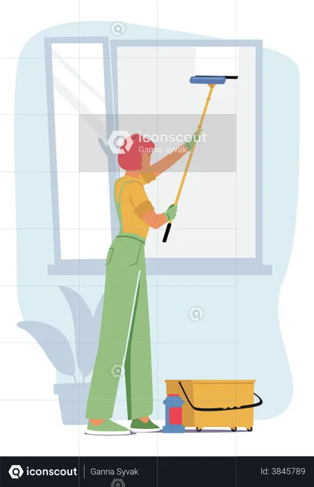 Woman washing window panel  Illustration