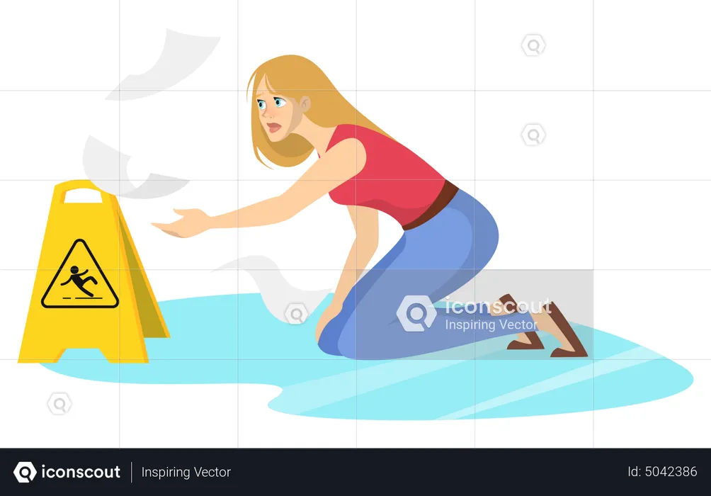 Woman watch wet floor signboard  Illustration