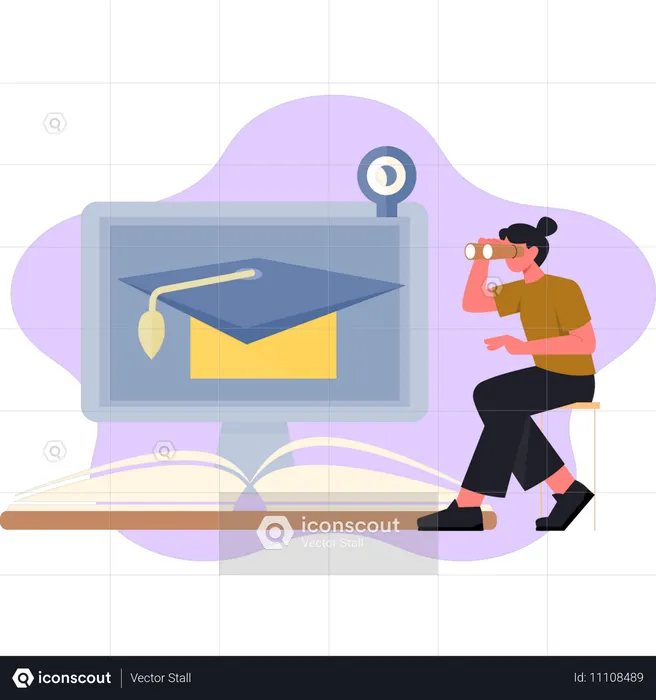 Woman watching degree hat online  Illustration