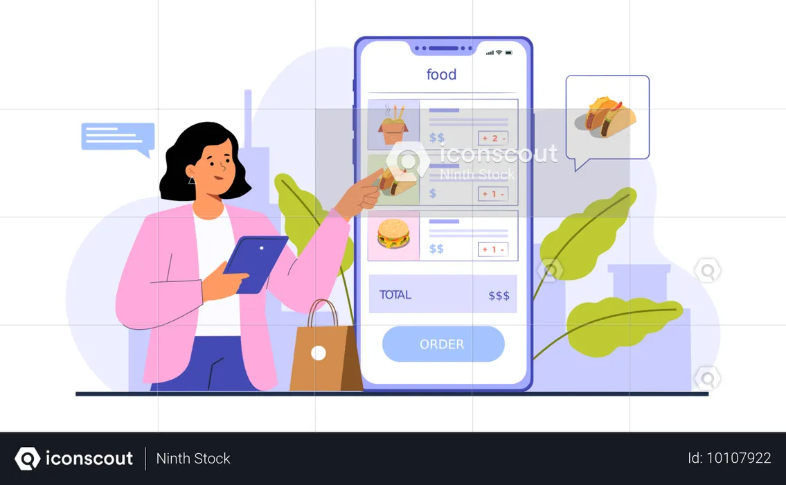 Woman watching food menu while checkout food order using food application  Illustration